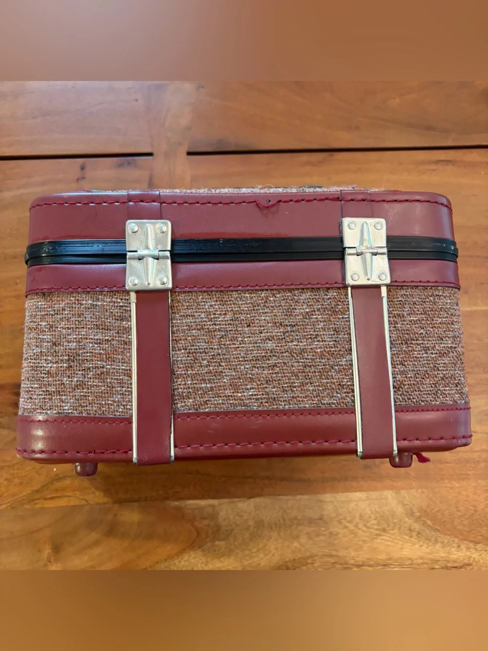 Vintage Tweed & Burgundy Vinyl Train Case Makeup Vanity Travel Box with Tray MCM